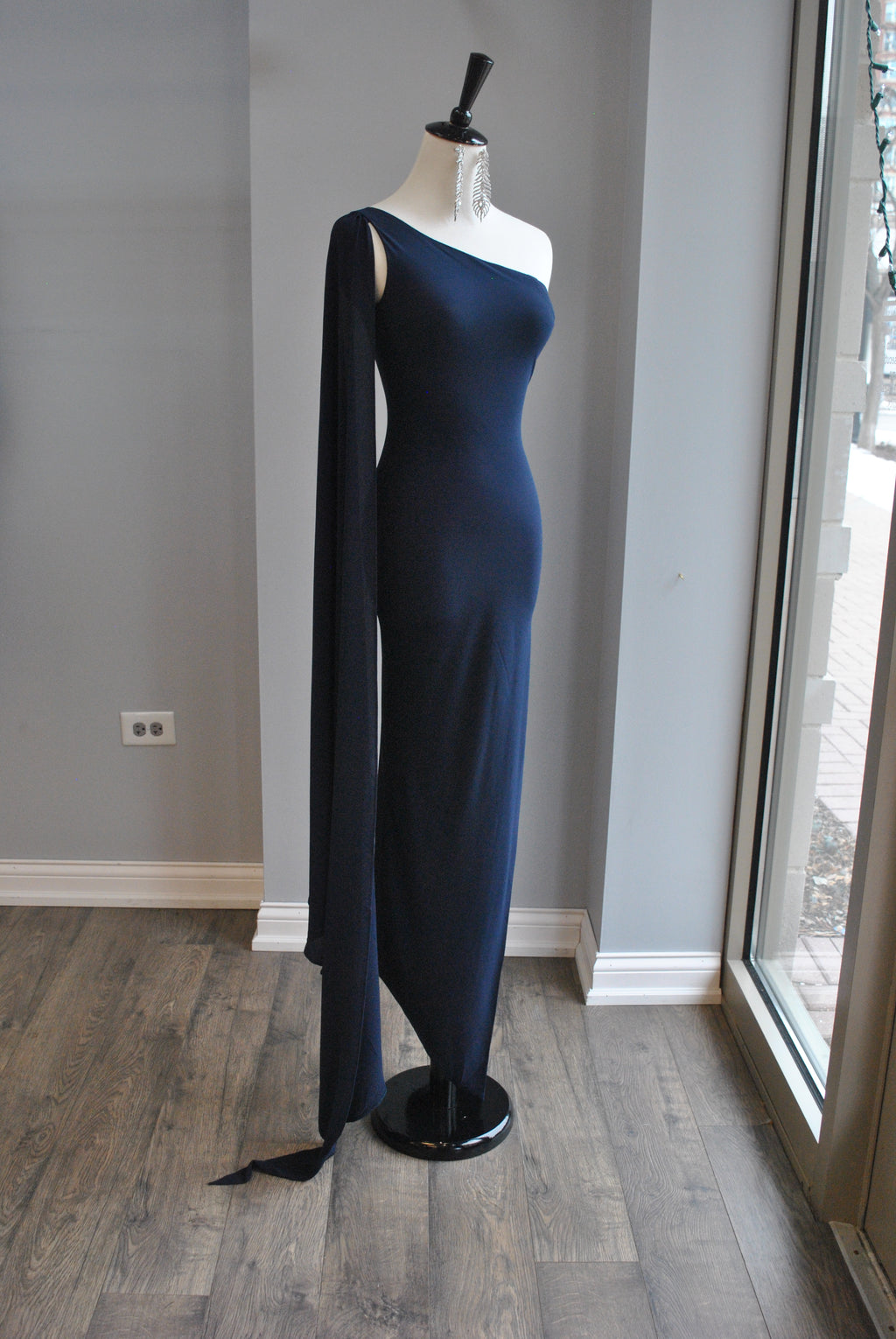 NAVY BLUE ASYMMETRIC DRESS WITH SIDE SLIP