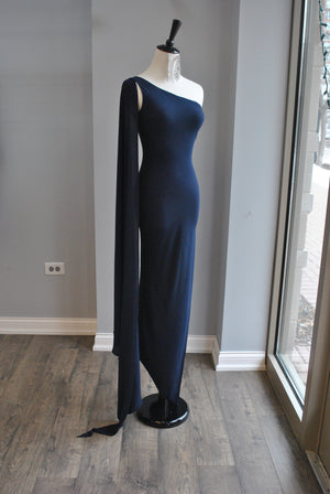 NAVY BLUE ASYMMETRIC DRESS WITH SIDE SLIP