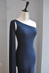 NAVY BLUE ASYMMETRIC DRESS WITH SIDE SLIP