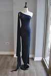NAVY BLUE ASYMMETRIC DRESS WITH SIDE SLIP