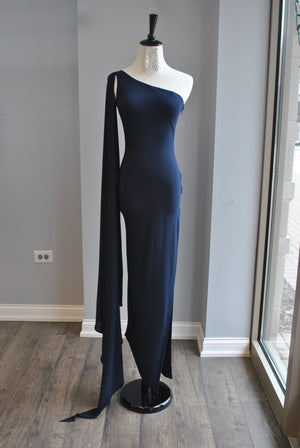 NAVY BLUE ASYMMETRIC DRESS WITH SIDE SLIP