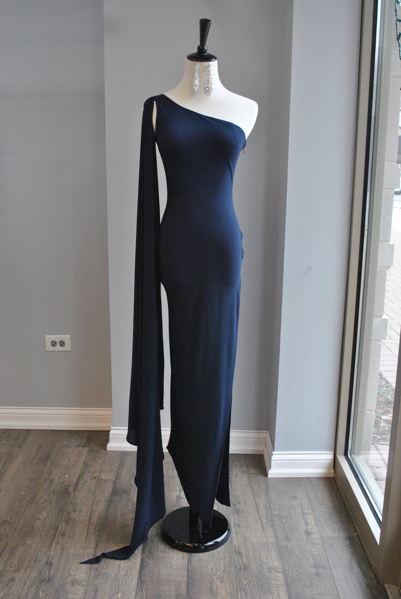 NAVY BLUE ASYMMETRIC DRESS WITH SIDE SLIP