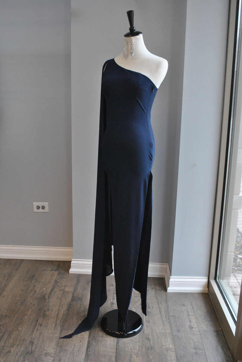 NAVY BLUE ASYMMETRIC DRESS WITH SIDE SLIP