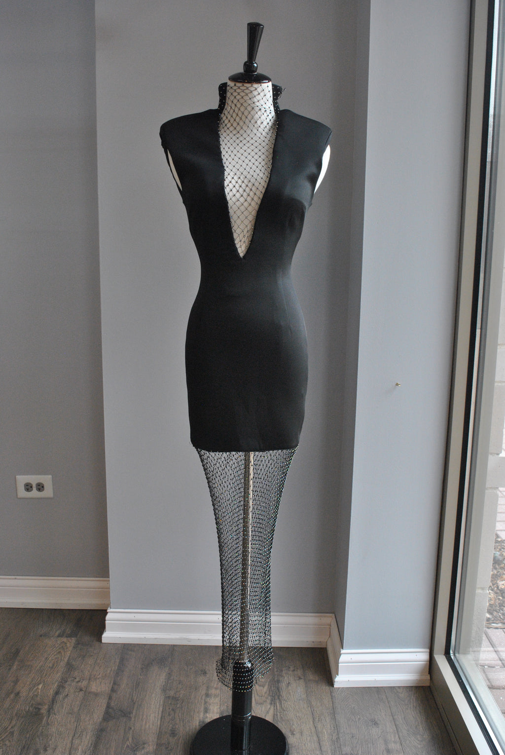 BLACK DRESS WITH CRYSTALS MESH DETAILS