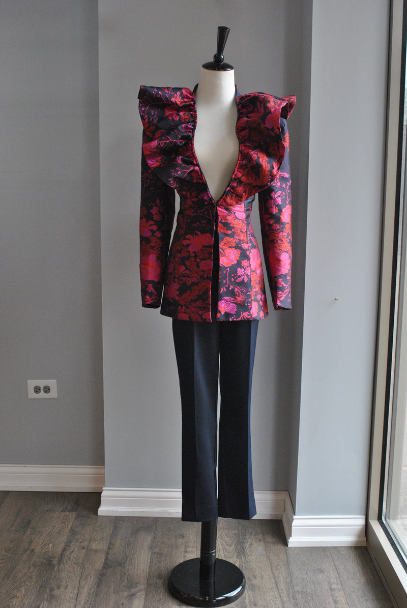 NAVY AND RED STATEMENT JACKET AND CROPPED PANTS SET
