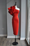 RED MIDI ASYMMETRIC DRESS WITH SIDE RUFFLE
