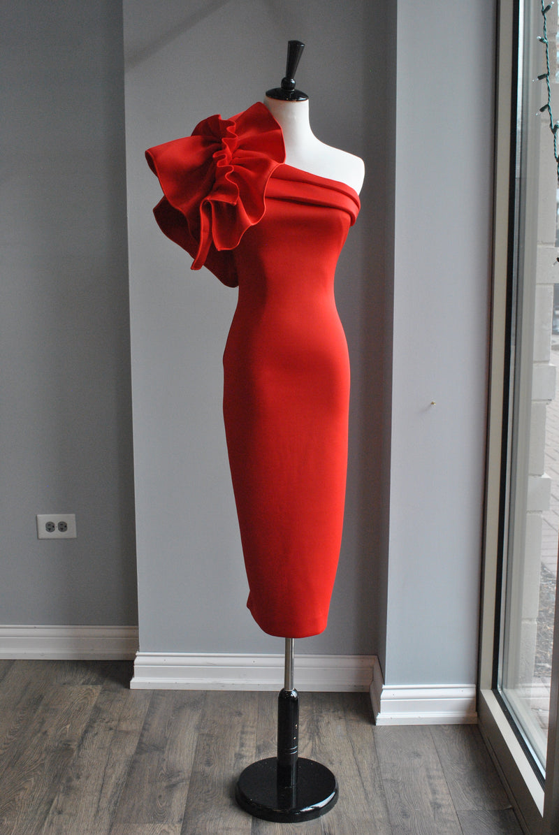 RED MIDI ASYMMETRIC DRESS WITH SIDE RUFFLE