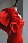 RED MIDI ASYMMETRIC DRESS WITH SIDE RUFFLE