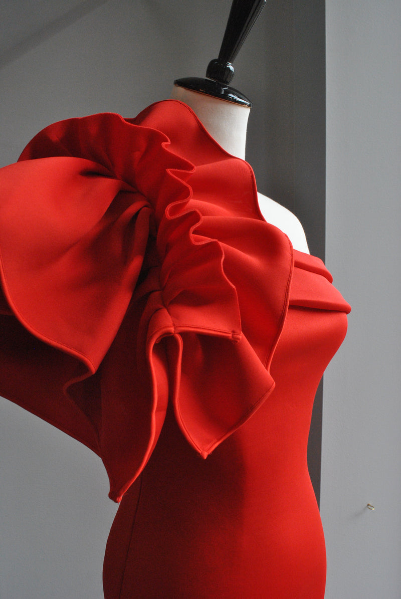 RED MIDI ASYMMETRIC DRESS WITH SIDE RUFFLE