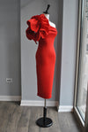 RED MIDI ASYMMETRIC DRESS WITH SIDE RUFFLE