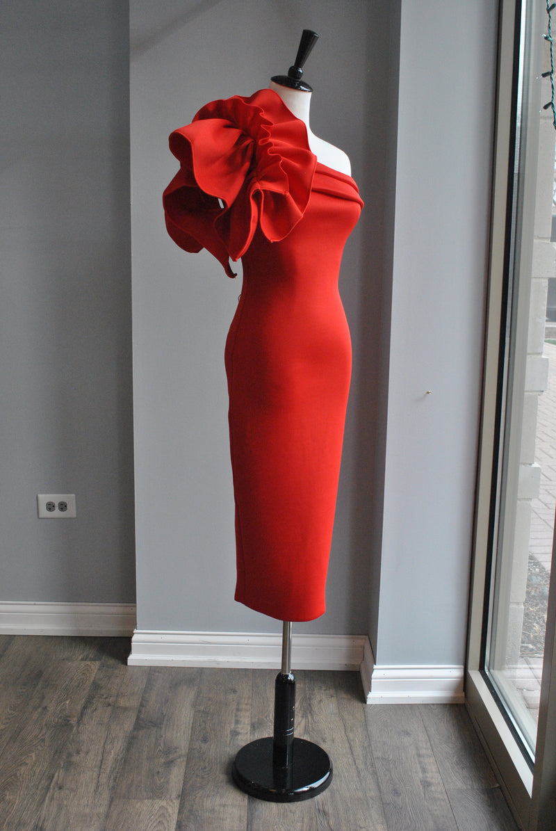 RED MIDI ASYMMETRIC DRESS WITH SIDE RUFFLE