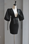 CLEARANCE - BLACK MINI PARTY DRESS WITH THE STATEMENT SLEEVES AND CRYSTAL MESH DETAIL