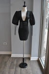 CLEARANCE - BLACK MINI PARTY DRESS WITH THE STATEMENT SLEEVES AND CRYSTAL MESH DETAIL