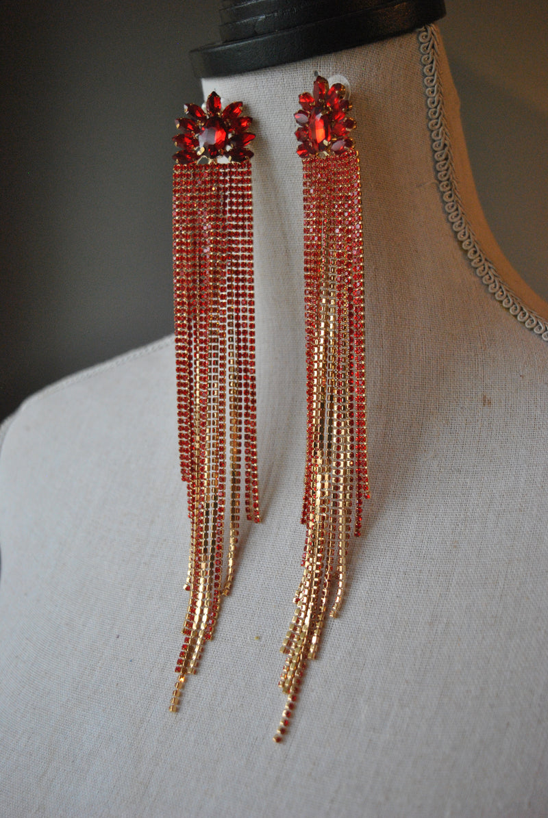 FASHION COLLECTION - RED CRYSTALS LONG STATEMENT EARRINGS