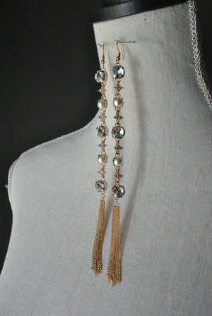 FASHION COLLECTION - GOLD CRYSTALS AND TASSLE LONG EARRINGS