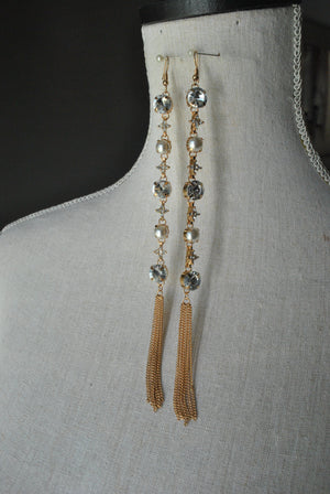 FASHION COLLECTION - GOLD CRYSTALS AND TASSLE LONG EARRINGS