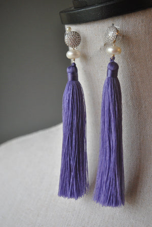 WHITE FRESHWATER PEARL AND RHINESTONES LAVENDER TASSLE LONG STATEMENT EARRINGS