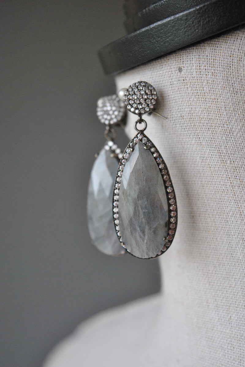 LABRADORITE AND RHINESTONES STERLING SILVER DROP EARRINGS