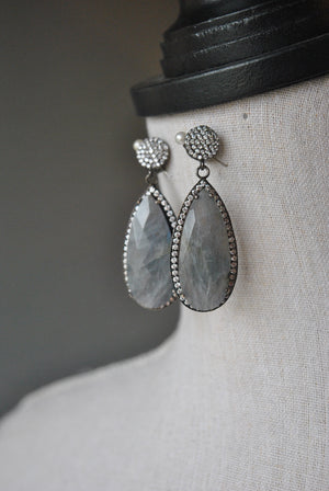 LABRADORITE AND RHINESTONES STERLING SILVER DROP EARRINGS