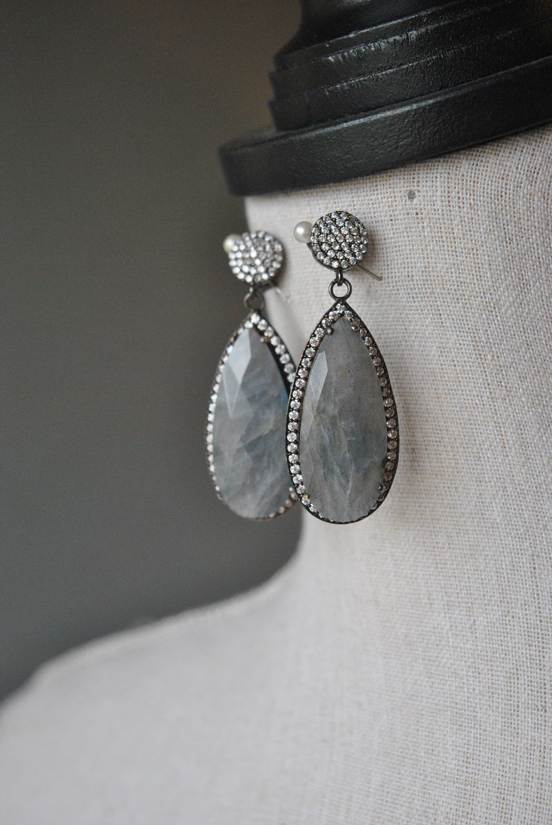 LABRADORITE AND RHINESTONES STERLING SILVER DROP EARRINGS