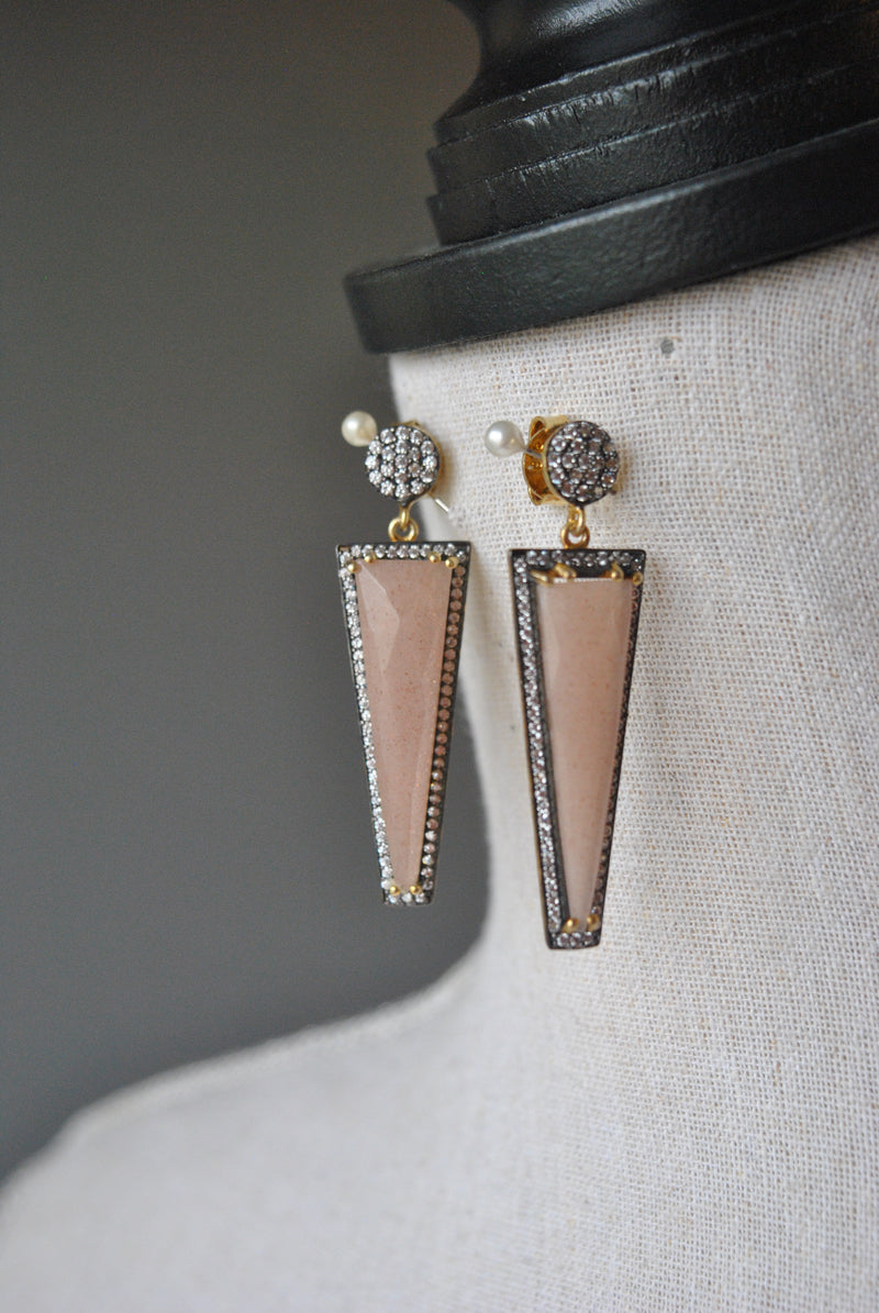 PEACH MOONSTONE AND RHINESTONES EARRINGS