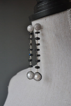 DEEP BLUE LABRADORITE WHITE FRESHWATER PEARL AND SWAROVSKI CRYSTALS LONG DROP EARRINGS