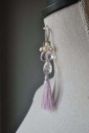 LAVENDER AMETHYST, PEARLS AND TASSEL LONG EARRINGS