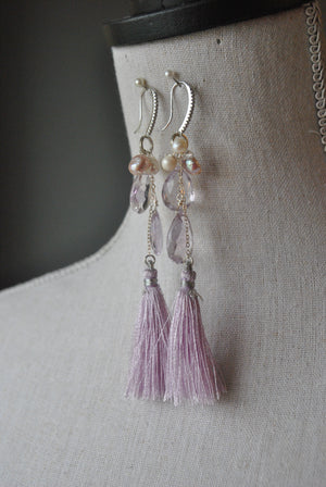LAVENDER AMETHYST, PEARLS AND TASSEL LONG EARRINGS