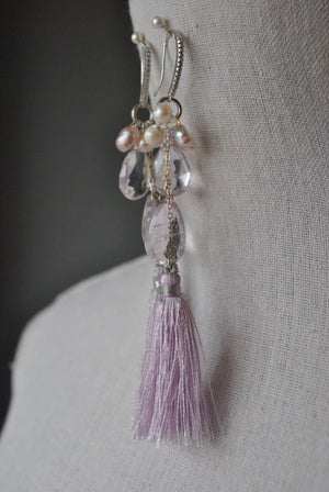 LAVENDER AMETHYST, PEARLS AND TASSEL LONG EARRINGS