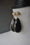 BLACK ONYX TEARDROP ON GOLD STATEMENT EARRINGS
