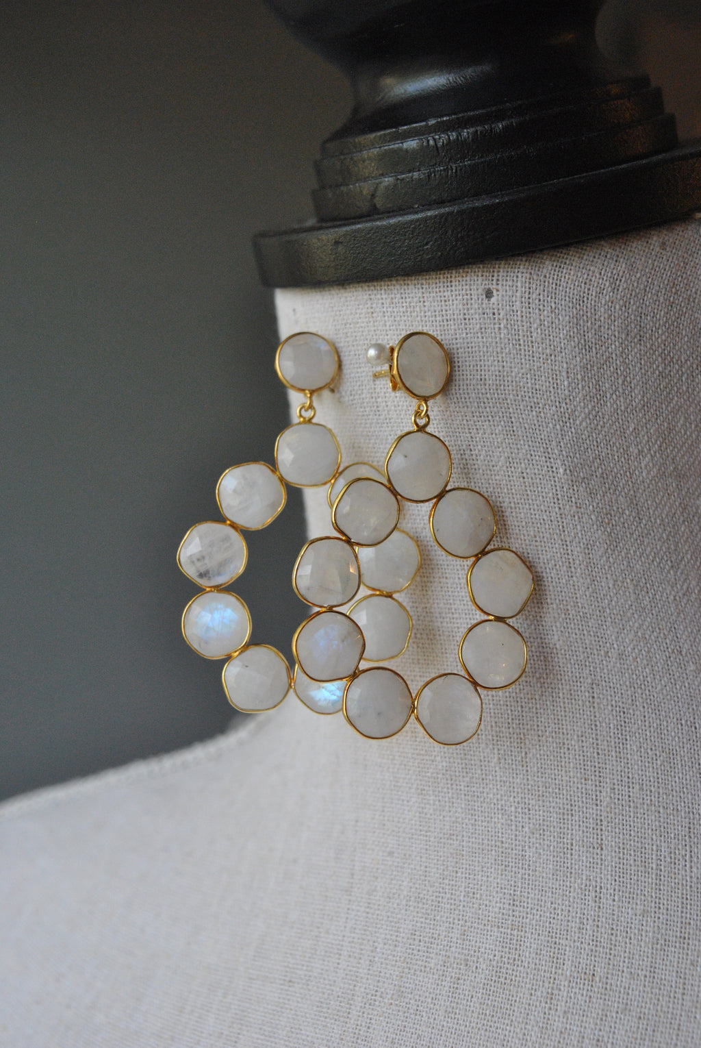 WHITE MOONSTONE AND 14KT GOLD ON SILVER STATAMENT EARRINGS