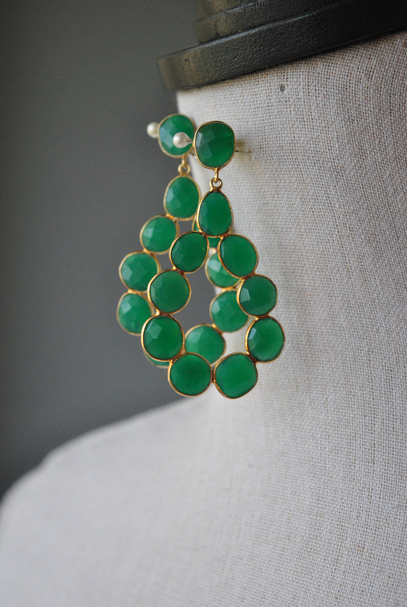 EMERALD GREEN ONYX AND 14KT GOLD ON SILVER STATEMENT EARRINGS