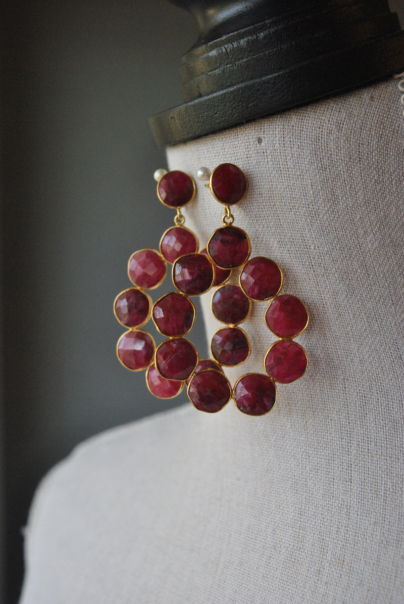 RUBY AND 14KT GOLD ON SILVER STATEMENT EARRINGS