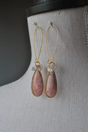 PINK PERUVIAN OPAL AND SWAROVSKI CRYSTALS LONG EARRINGS