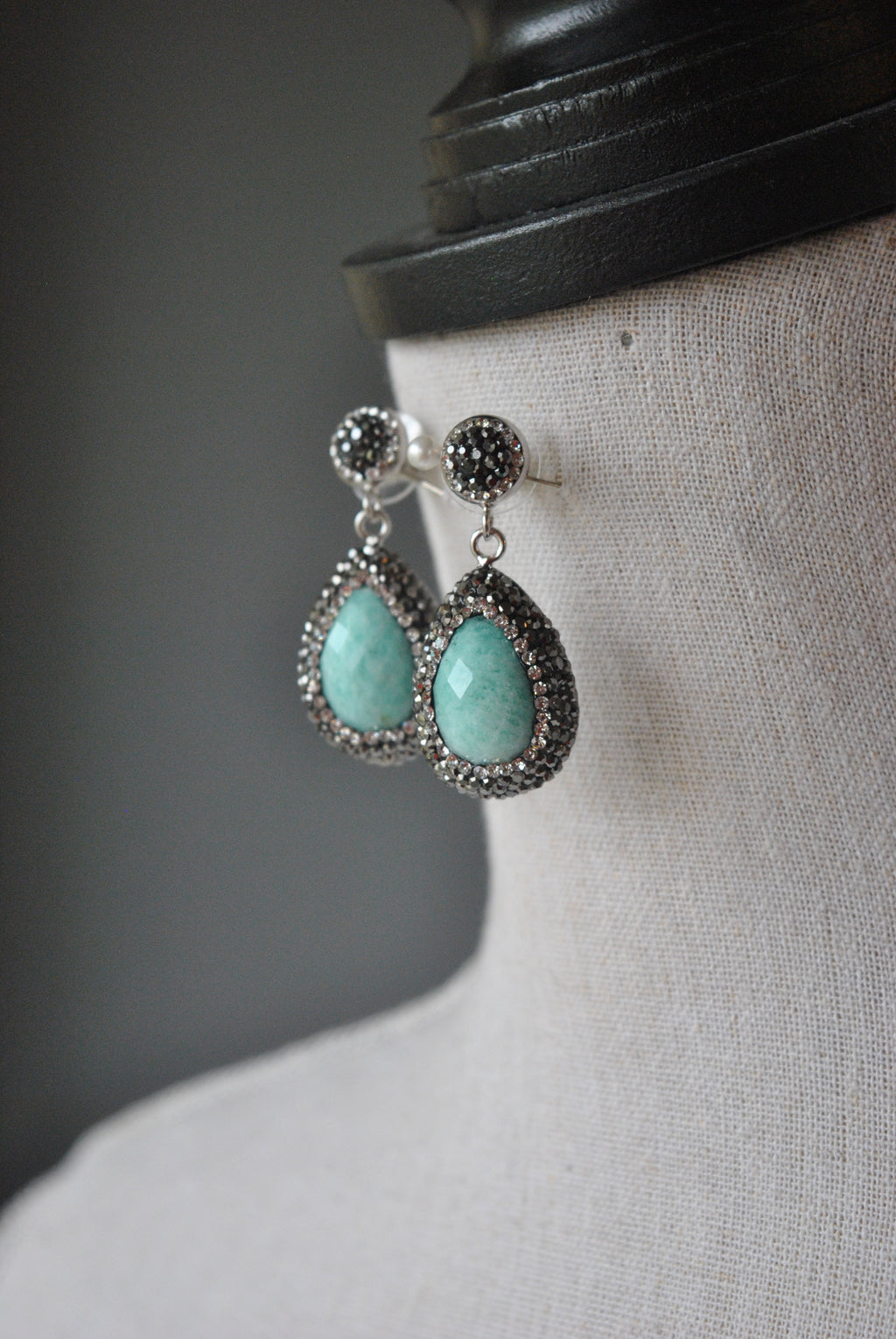 AMAZONITE TAERDROPS AND SWAROVSKI CRYSTALS STUDS EARRINGS