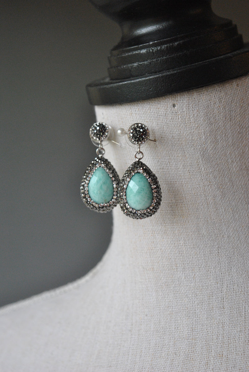 AMAZONITE TAERDROPS AND SWAROVSKI CRYSTALS STUDS EARRINGS