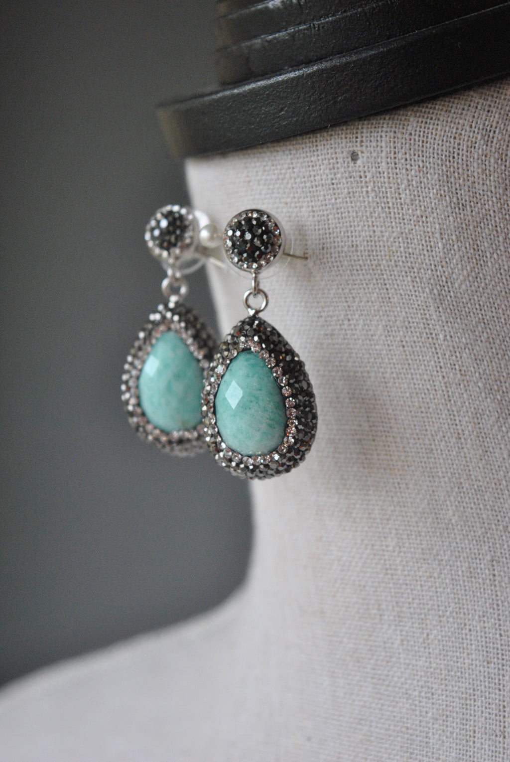 AMAZONITE TAERDROPS AND SWAROVSKI CRYSTALS STUDS EARRINGS