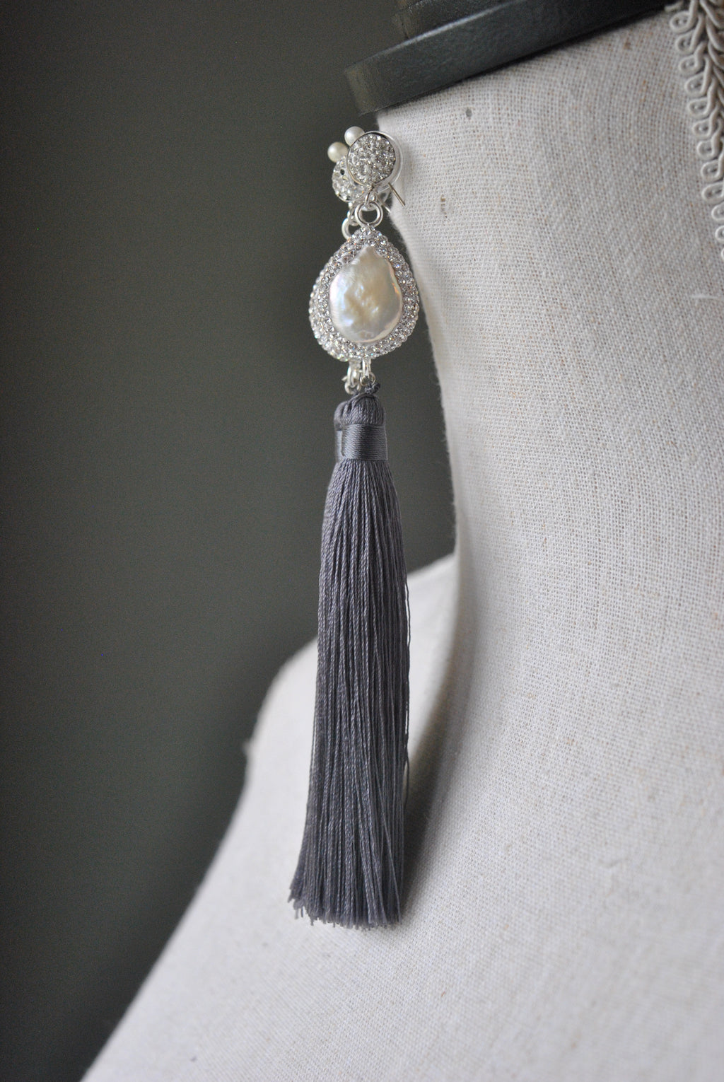 WHITE PEARL AND GREY TASSLE STATEMENT LONG EARRINGS