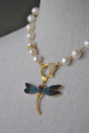 WHITE FRESHWATER PEARLS NECKLACE AND MULTICOLOR GOLD DRAGON FLY PENDANT