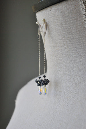 BLUE SAPPHIRE AND SWAROVSKI CRYSTALS CHAIN LONG DROP EARRINGS