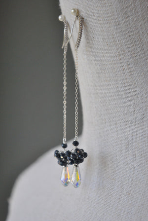 BLUE SAPPHIRE AND SWAROVSKI CRYSTALS CHAIN LONG DROP EARRINGS