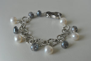 WHITE FRESHWATER PEARLS AND GREY MOONTONE CHARM BRACELET