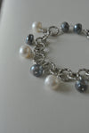 WHITE FRESHWATER PEARLS AND GREY MOONTONE CHARM BRACELET