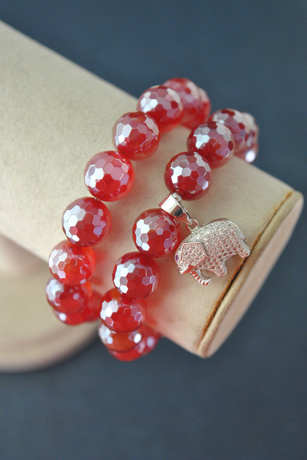 EXTRA SHINY CHERRY AGATE WITH ELEPHANT CHARM STRETCHY BRACELET SET