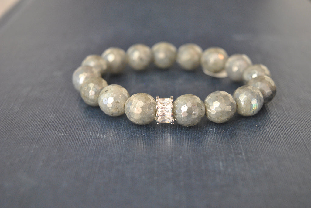 GREY MOONSTONES BLACK ONYX AND RHINESTONES STRETCHY BRACELETS