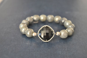 GREY MOONSTONES BLACK ONYX AND RHINESTONES STRETCHY BRACELETS