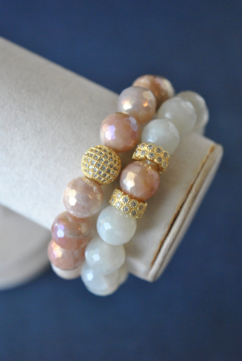 PEACH AND WHITE MOONSTONE WITH GOLD DETAILS STRETCHY BRACELET SET