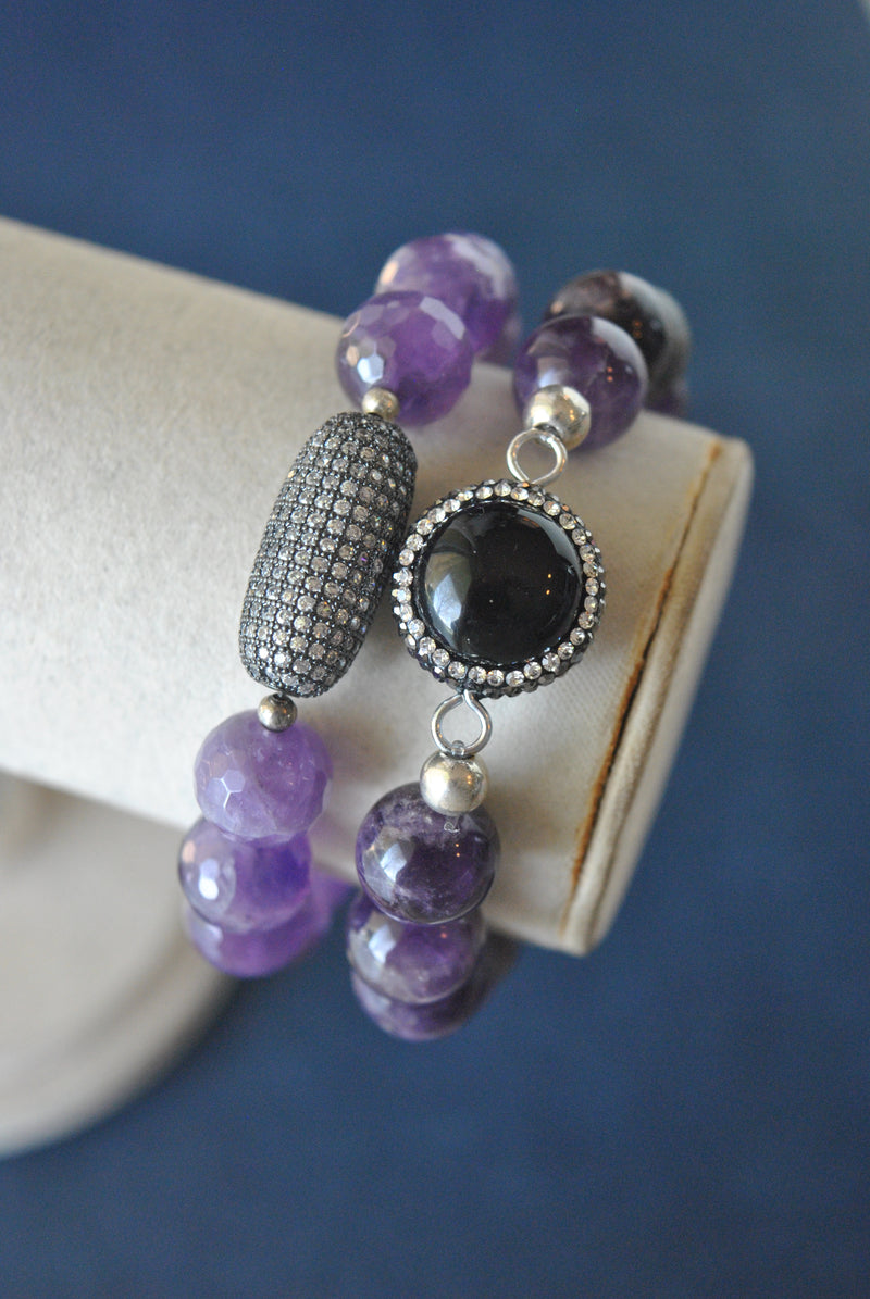 AMETHYST BLACK ONYX STRETCHY BRACELET SET