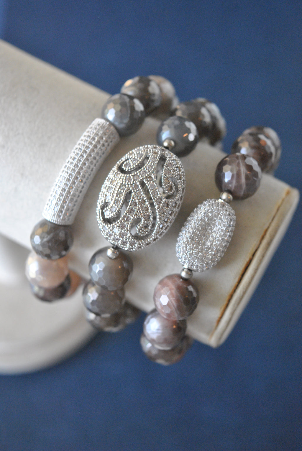 GARK GREY AND BURGUNDY MOONSTONES WITH SILVER RHINESTONES STRETCHY BRACELETS