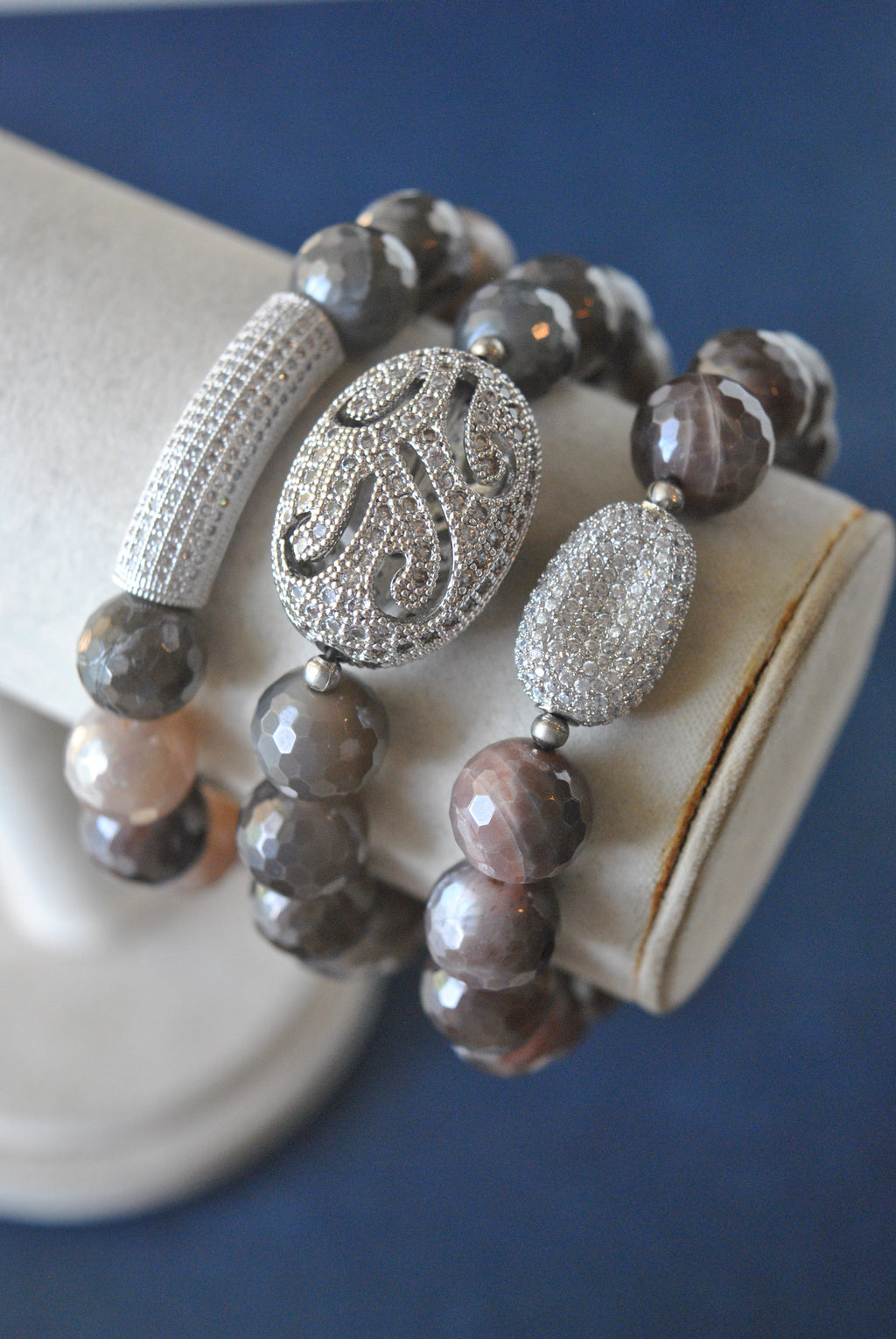 GARK GREY AND BURGUNDY MOONSTONES WITH SILVER RHINESTONES STRETCHY BRACELETS